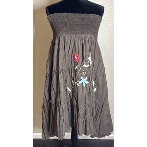 Kaaku Free Size Brown Floral Embroidered Midi Smocked Top Dress Western Boho NEW